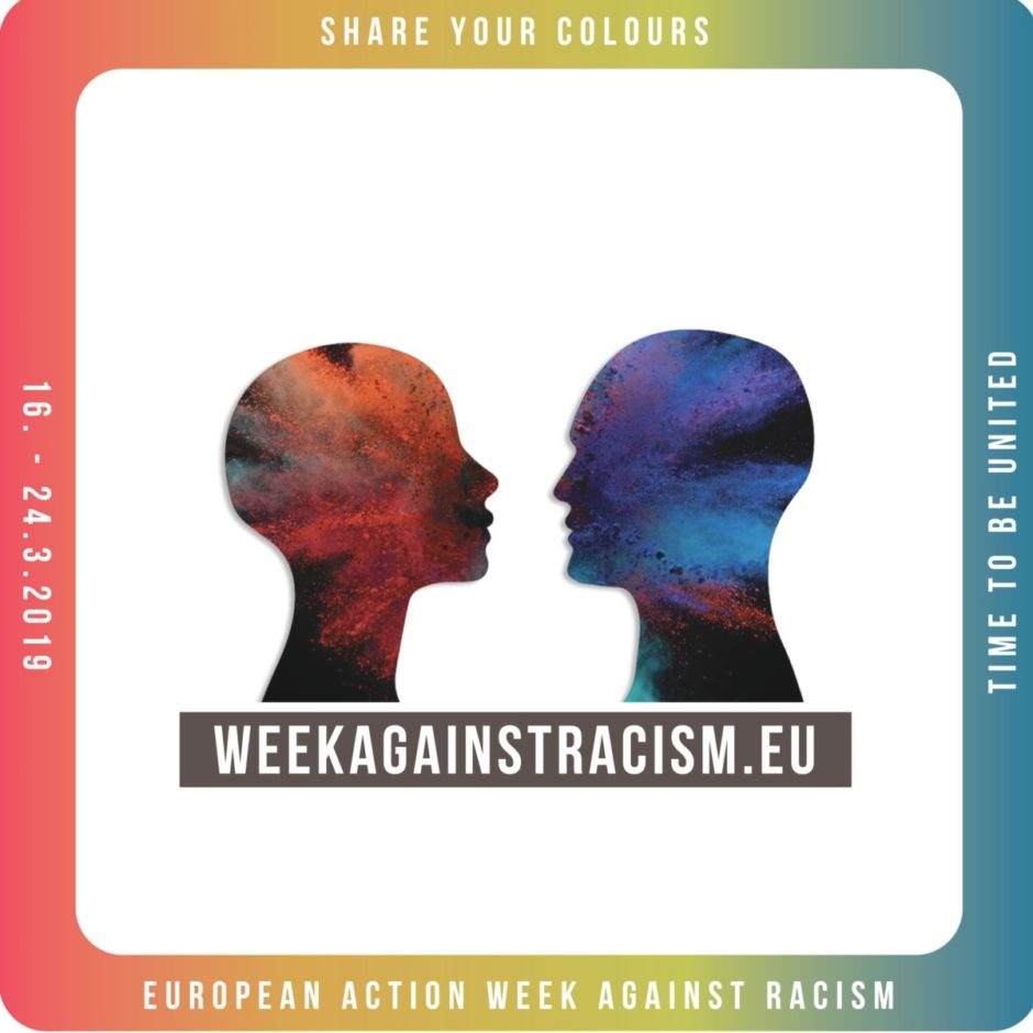 Promotion sticker for the Week against Racism, showing two silhouettes facing each other. Text says "Share your colors, time to be united, European Week Against Racism, 16-24.3.2019"