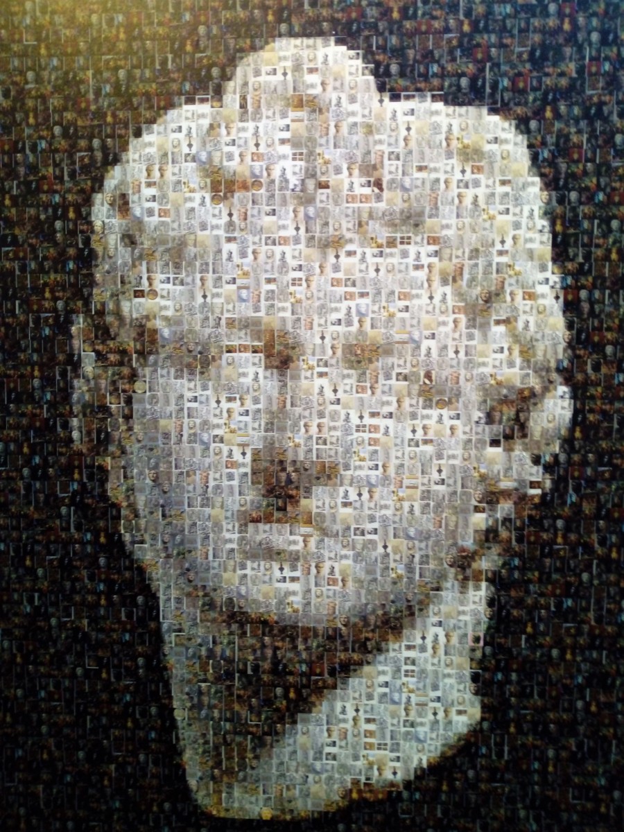 Female head of an ancient Greek marble statue, made up by small pictures of archaeological findings