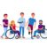 Disabled people with disabilities and prosthesis, blind woman, people on wheelchairs, High-Tech Running Prosthetics, Prosthetic Hand vector flat illustration. Men and women with incapability