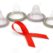 Red Ribbon Sign with Latex Condoms Background.