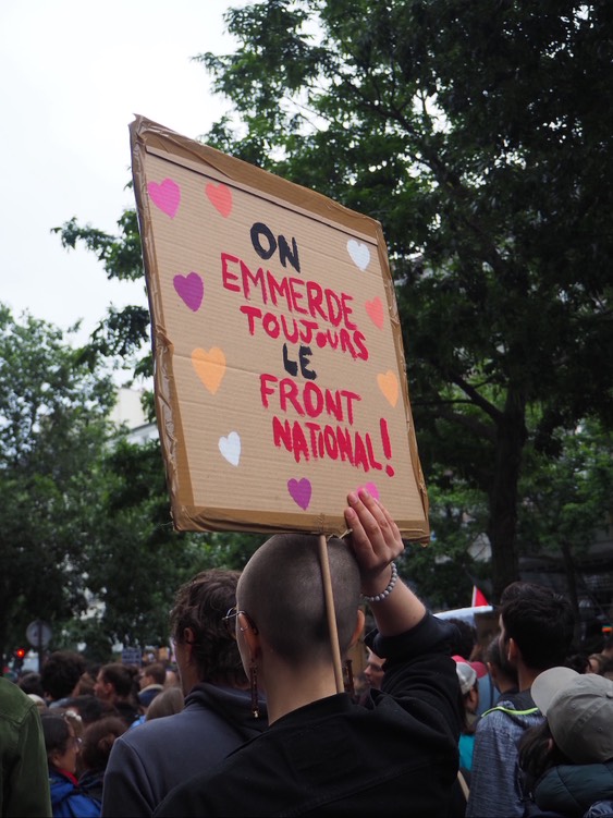 “We still say fuck to the National Front” during a demonstration against the extreme right, in reaction to the score in the European elections and the dissolution of the National Assembly. 15/06/24. Paris.