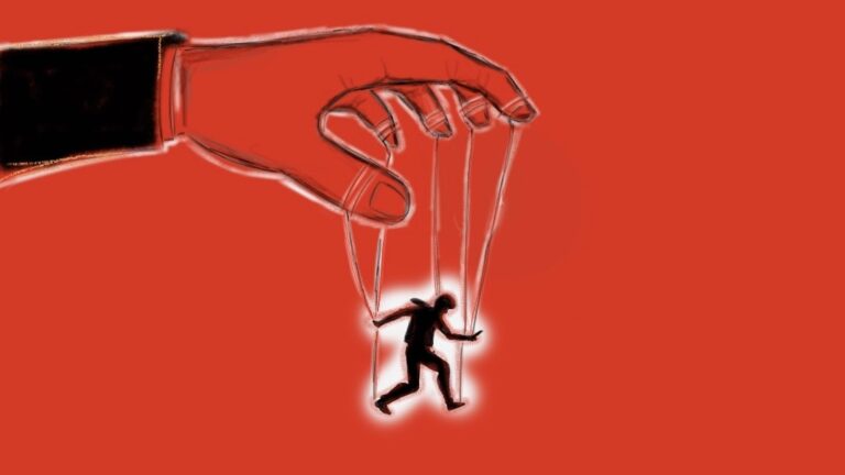 An unproportionally big hand is holding strings tied to the shillouette of a running person.